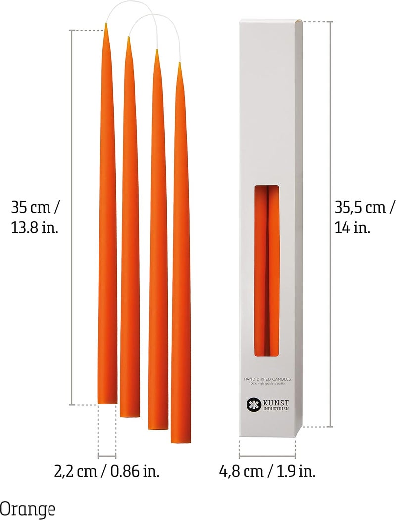 Kunstindustrien ® Taper Candles – Set of 4, 13.8" – Made in Denmark, Long Burning Candles 15h, Unscented & Smokeless Candlesticks – Elegant Tall Candles for Weddings, Dinners & Home Decor (Orange) - Image 2